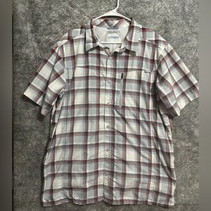 Columbia Mens Shirt Omni Shade XL Gray Red Plaid Outdoor Vented Casual Pocket